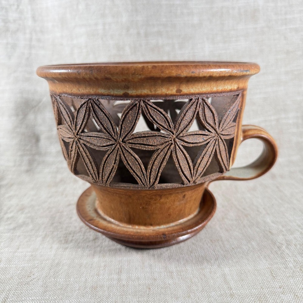 Vintage Studio Pottery Planter Geometric openwork Ceramic Footed Pot